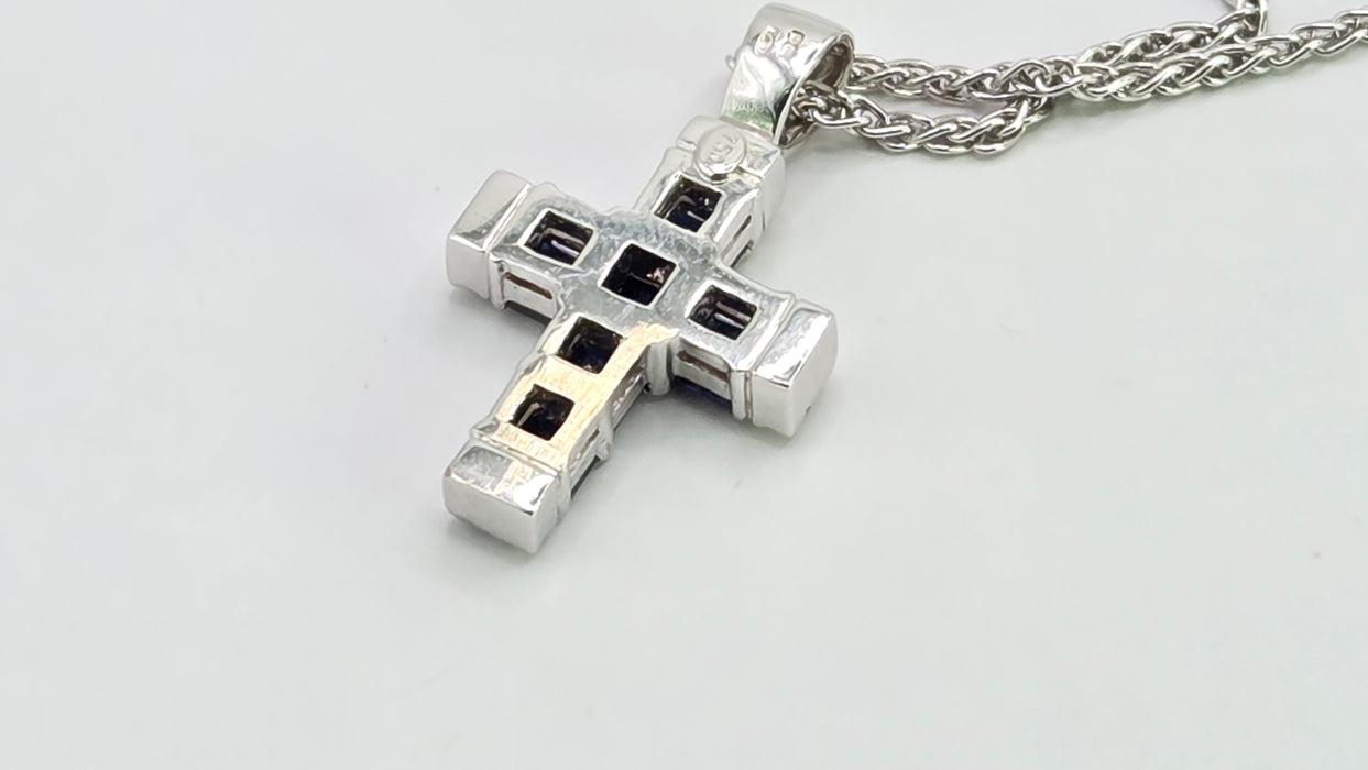 Vintage: 18ct White Gold Sapphire & Diamond Cross Pendant & Chain