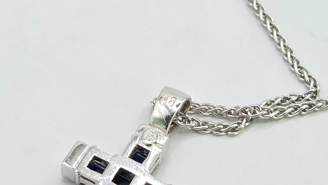 Vintage: 18ct White Gold Sapphire & Diamond Cross Pendant & Chain