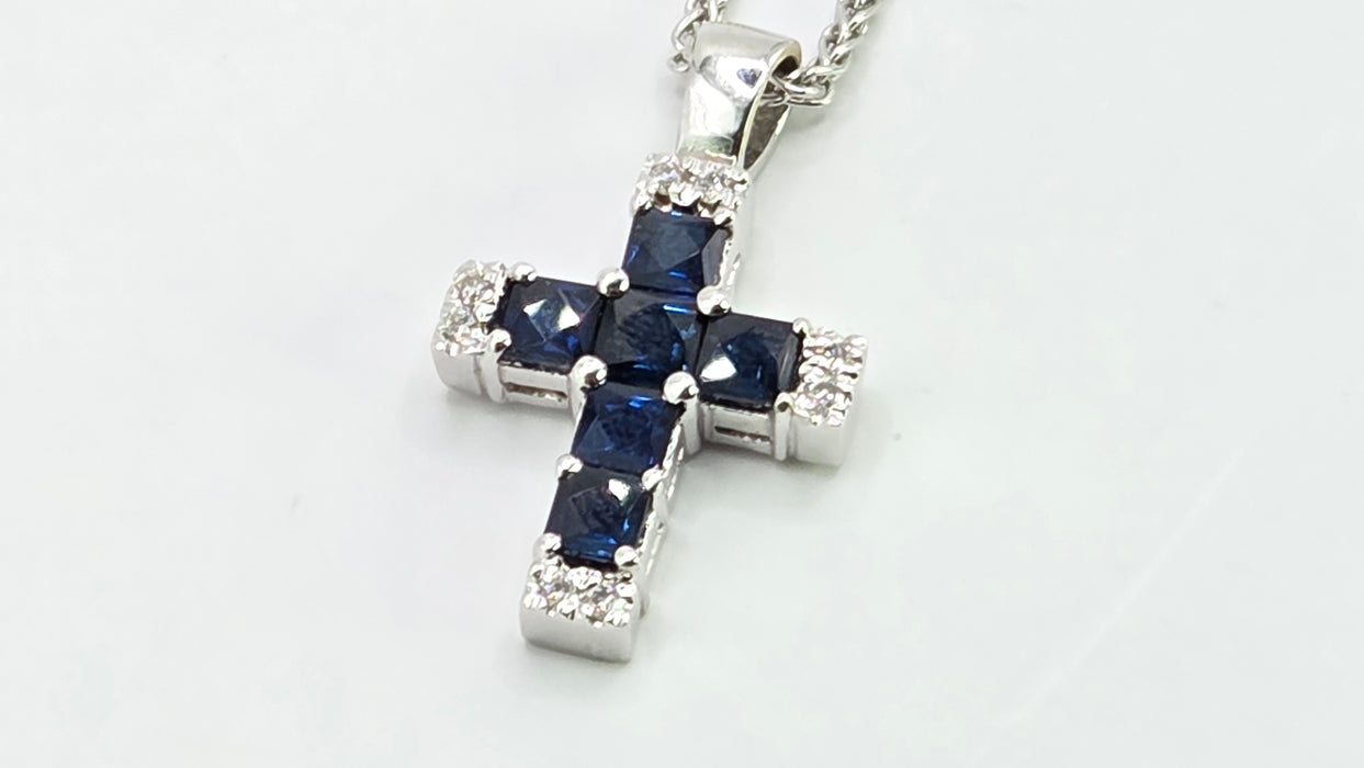 Vintage: 18ct White Gold Sapphire & Diamond Cross Pendant & Chain
