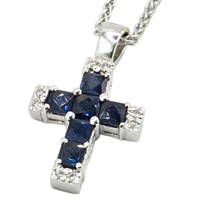 Vintage: 18ct White Gold Sapphire & Diamond Cross Pendant & Chain