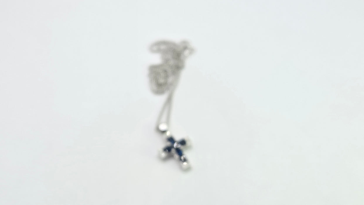 Vintage: 18ct White Gold Sapphire & Diamond Cross Pendant & Chain