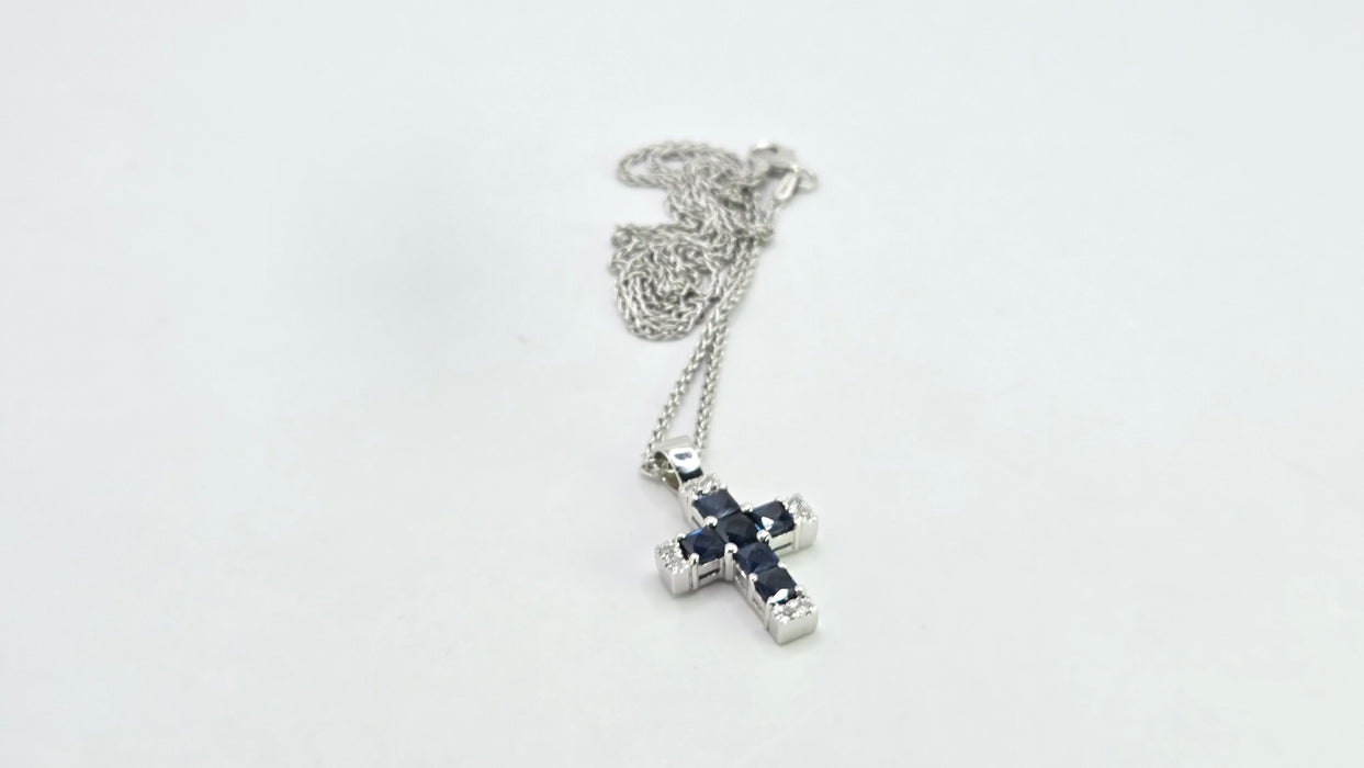 Vintage: 18ct White Gold Sapphire & Diamond Cross Pendant & Chain