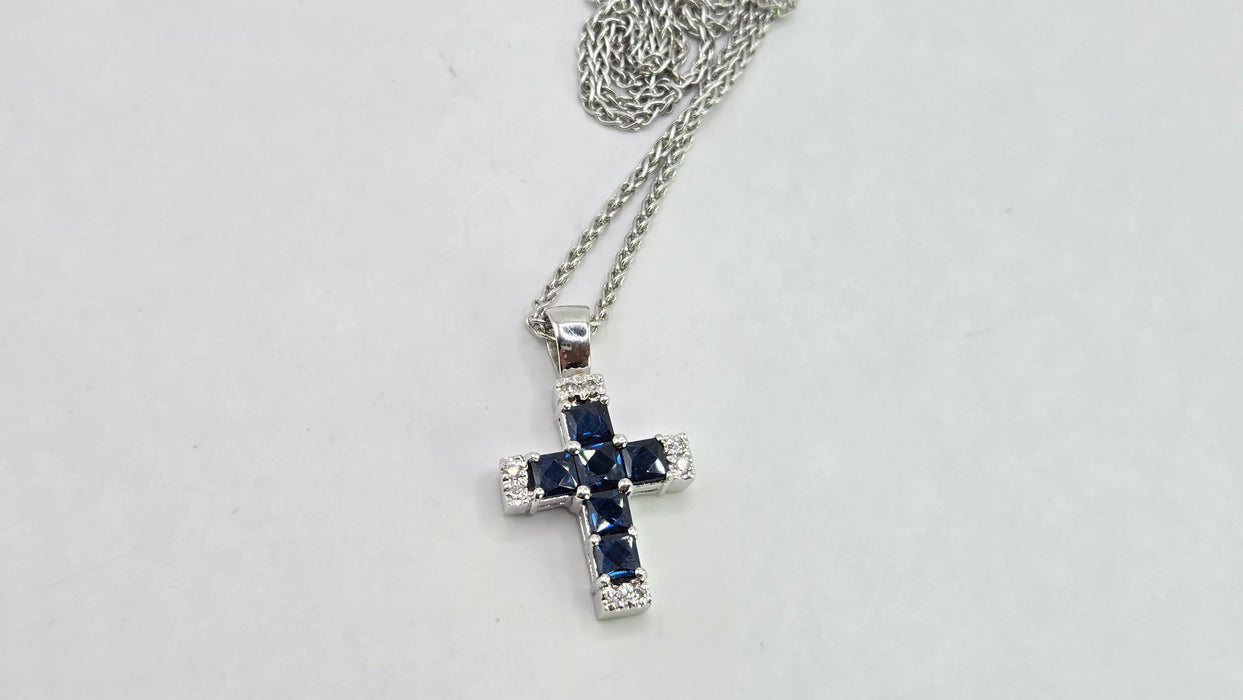 Vintage: 18ct White Gold Sapphire & Diamond Cross Pendant & Chain