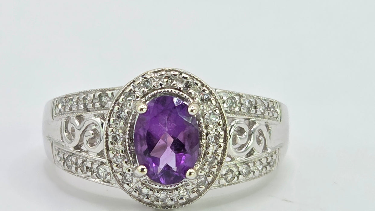 Vintage: 14ct White Gold Amethyst & Diamond Scroll Ring — 0.24ct