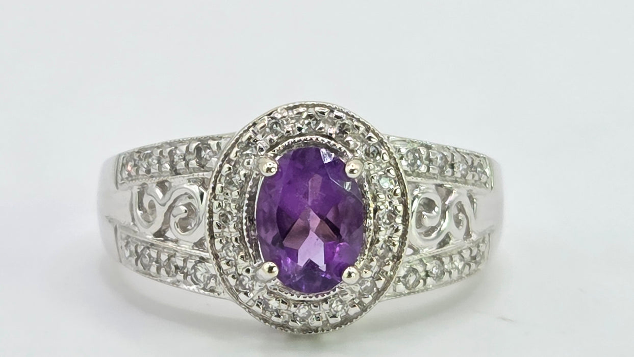 Vintage: 14ct White Gold Amethyst & Diamond Scroll Ring — 0.24ct