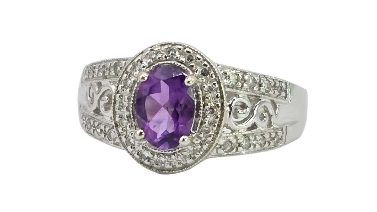 Vintage: 14ct White Gold Amethyst & Diamond Scroll Ring — 0.24ct