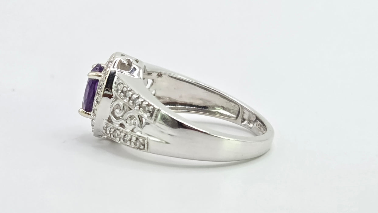Vintage: 14ct White Gold Amethyst & Diamond Scroll Ring — 0.24ct