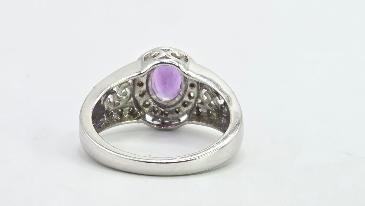Vintage: 14ct White Gold Amethyst & Diamond Scroll Ring — 0.24ct
