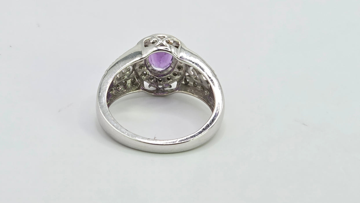 Vintage: 14ct White Gold Amethyst & Diamond Scroll Ring — 0.24ct