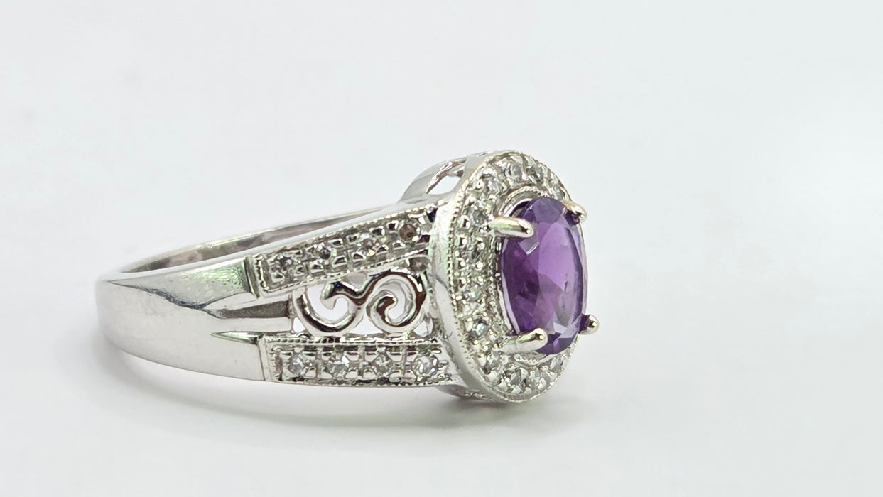 Vintage: 14ct White Gold Amethyst & Diamond Scroll Ring — 0.24ct