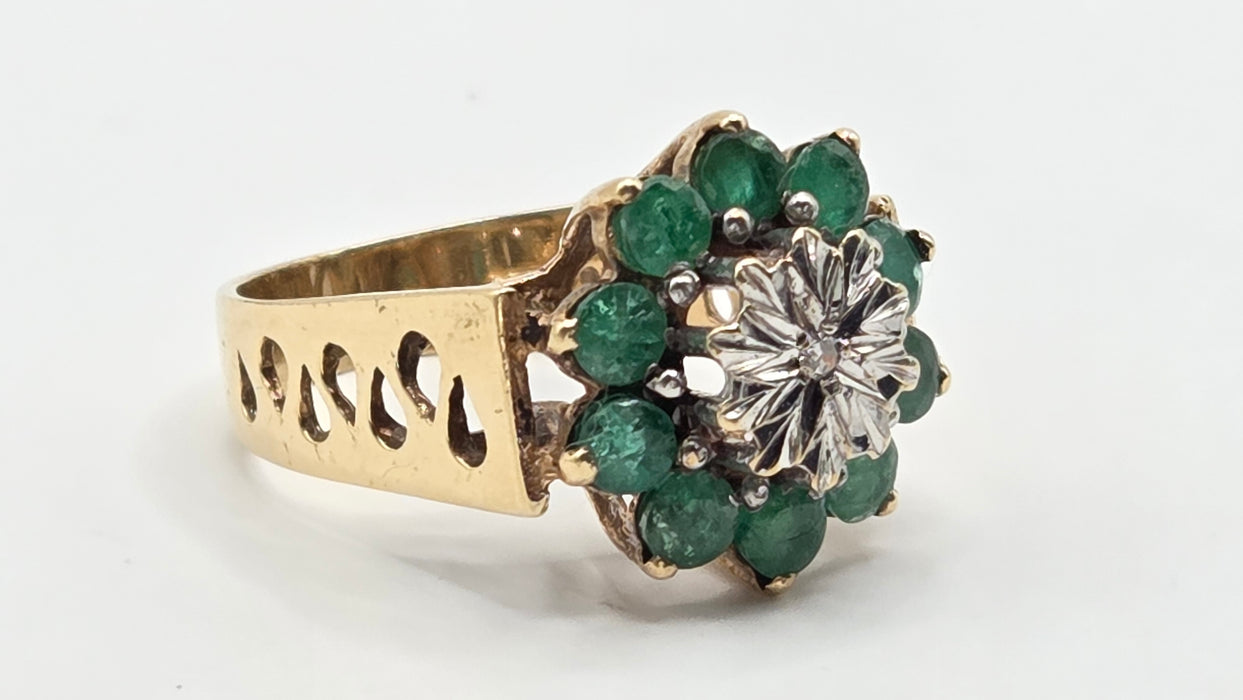 Vintage: 9ct Yellow Gold Emerald & Diamond Floral Cluster Ring — From 1987