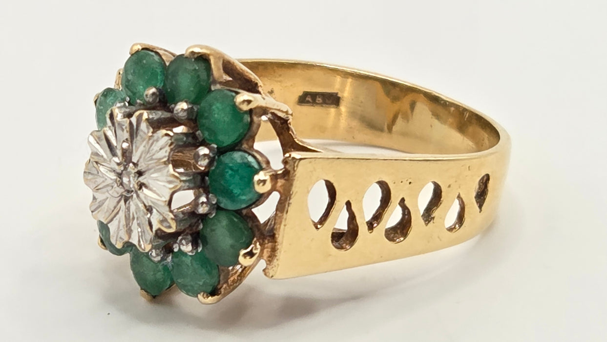 Vintage: 9ct Yellow Gold Emerald & Diamond Floral Cluster Ring — From 1987