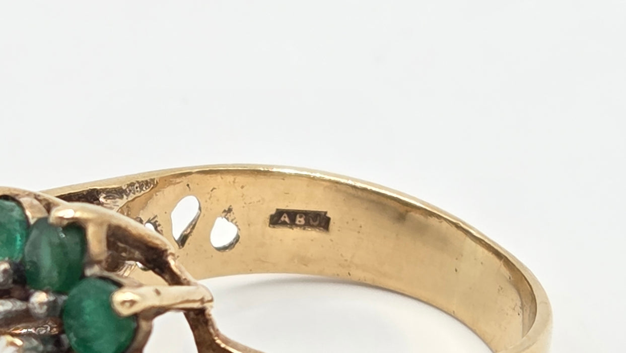 Vintage: 9ct Yellow Gold Emerald & Diamond Floral Cluster Ring — From 1987