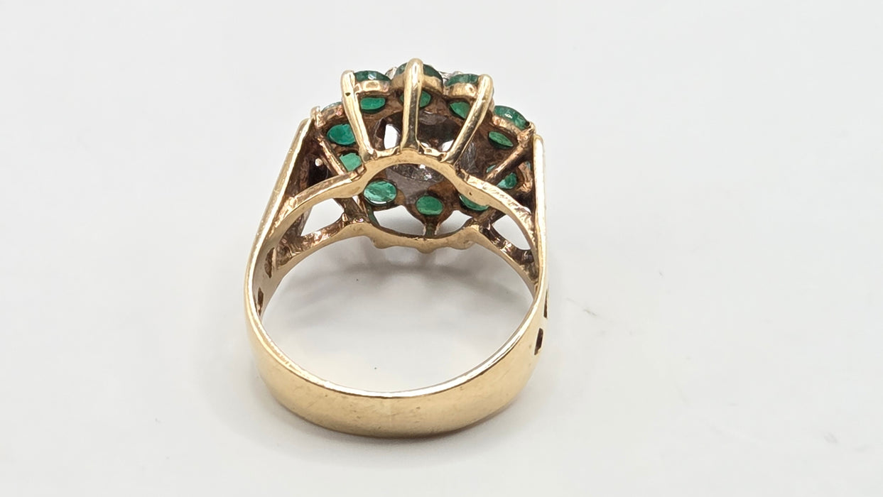 Vintage: 9ct Yellow Gold Emerald & Diamond Floral Cluster Ring — From 1987
