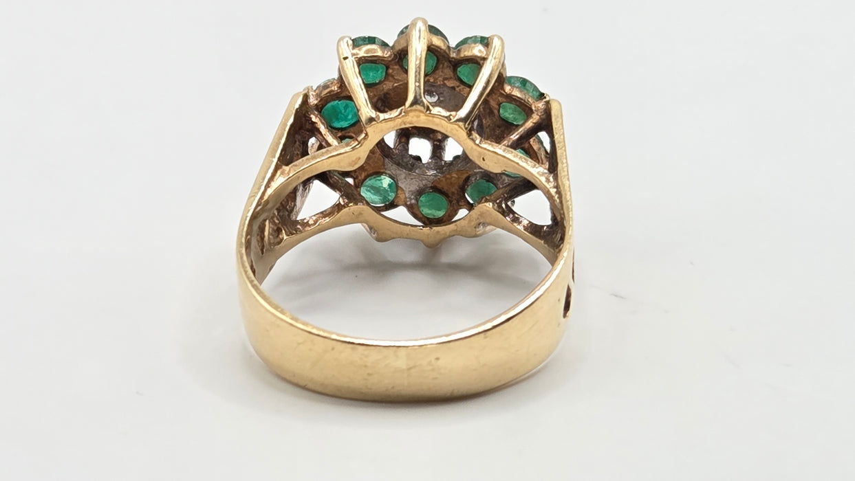 Vintage: 9ct Yellow Gold Emerald & Diamond Floral Cluster Ring — From 1987