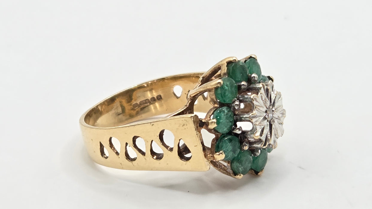 Vintage: 9ct Yellow Gold Emerald & Diamond Floral Cluster Ring — From 1987