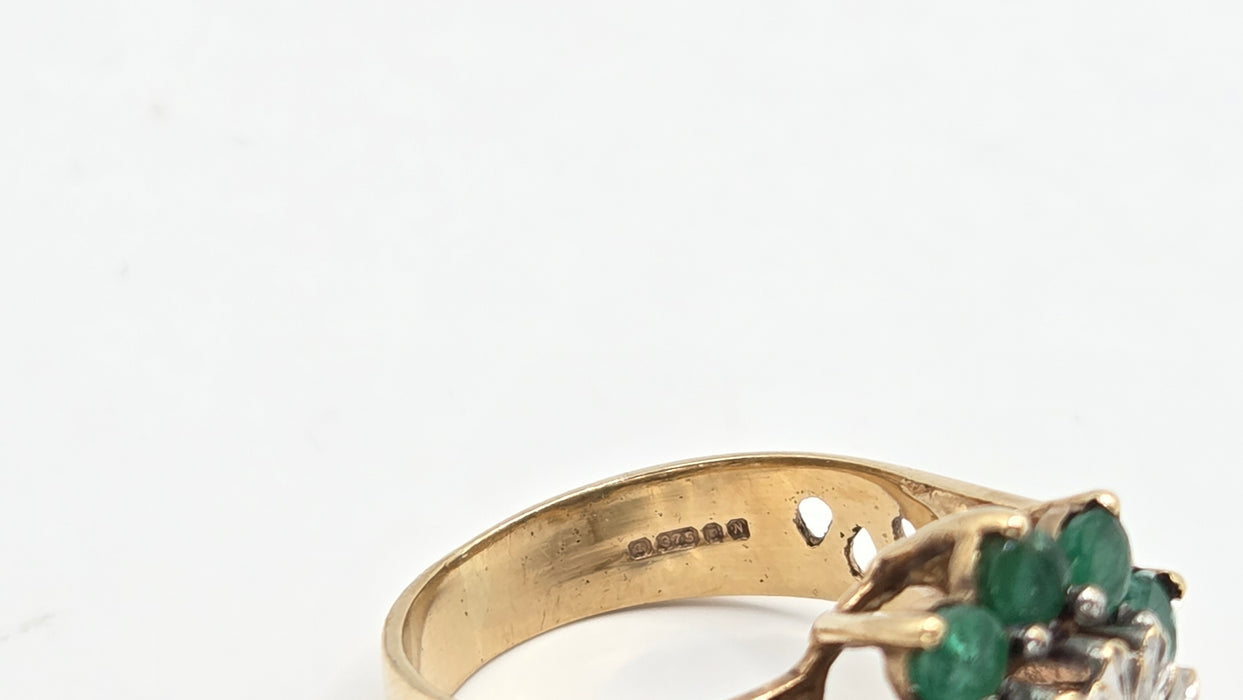 Vintage: 9ct Yellow Gold Emerald & Diamond Floral Cluster Ring — From 1987