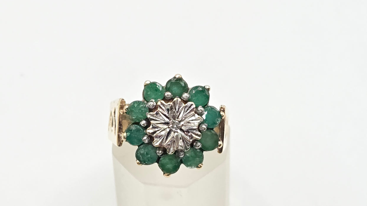 Vintage: 9ct Yellow Gold Emerald & Diamond Floral Cluster Ring — From 1987