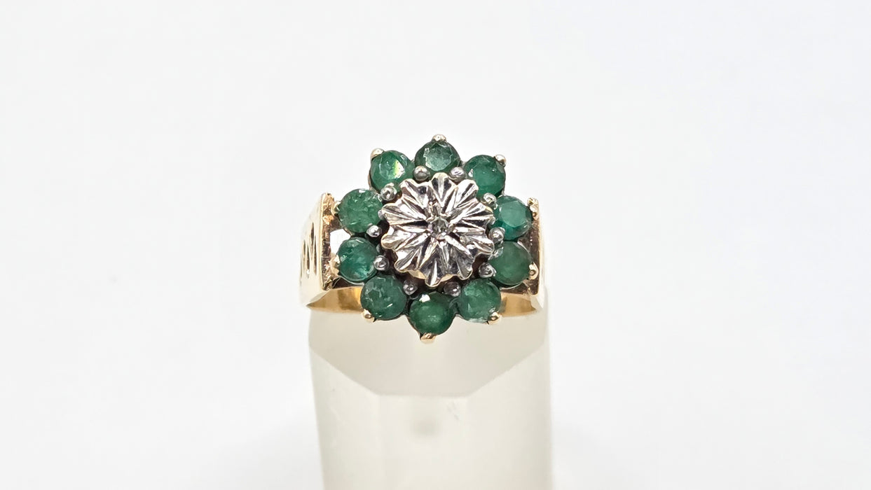 Vintage: 9ct Yellow Gold Emerald & Diamond Floral Cluster Ring — From 1987