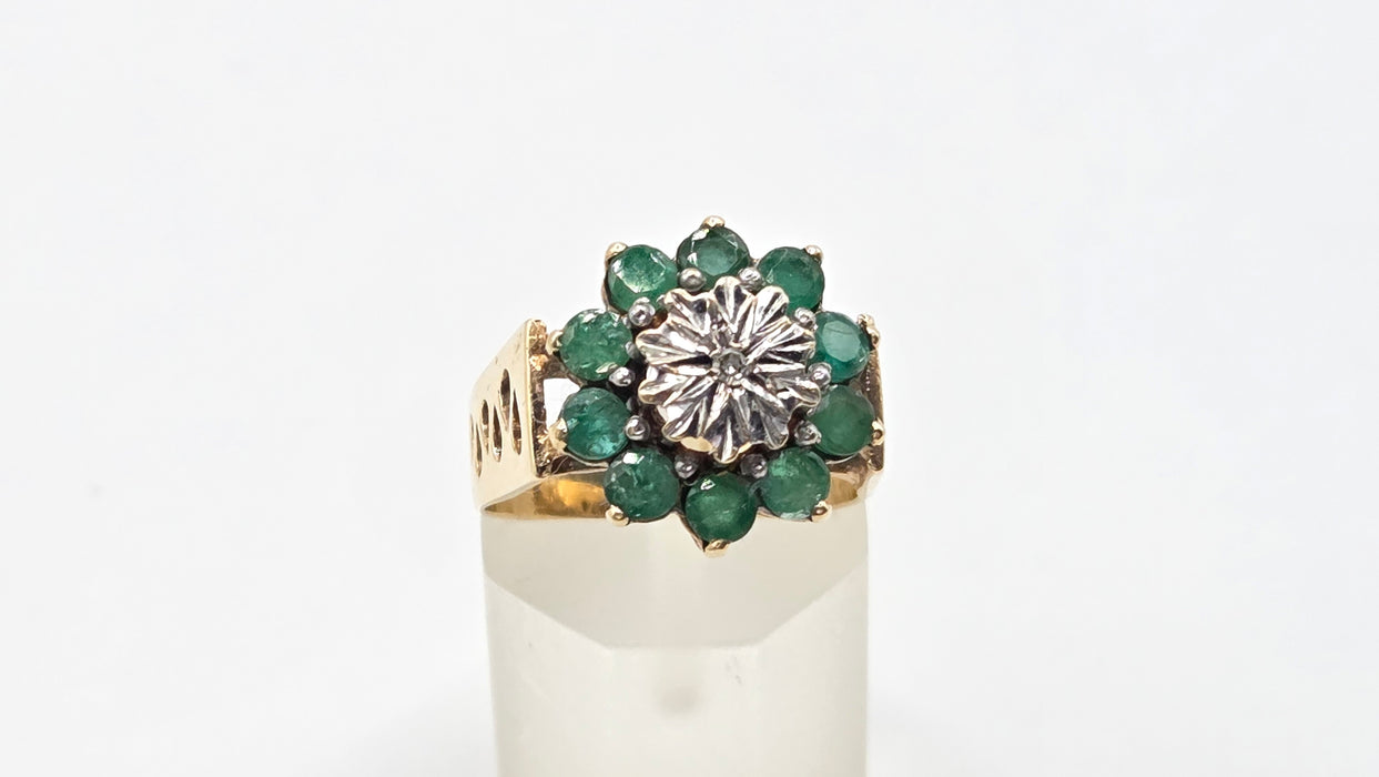 Vintage: 9ct Yellow Gold Emerald & Diamond Floral Cluster Ring — From 1987