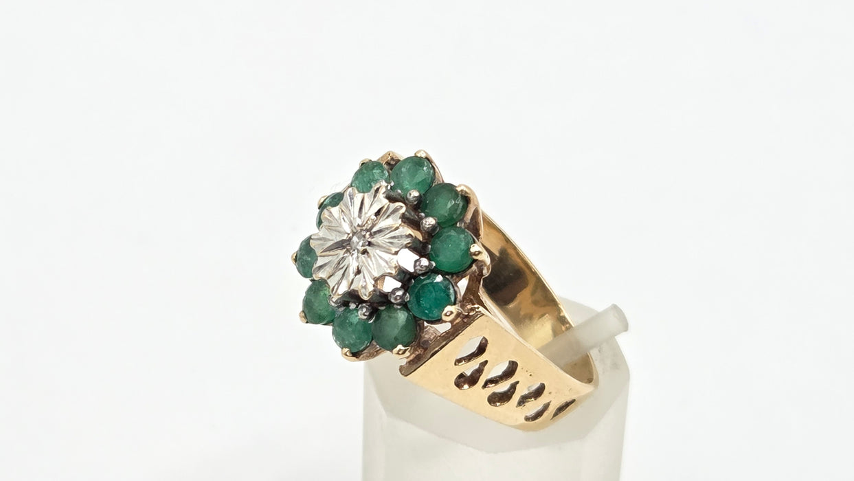 Vintage: 9ct Yellow Gold Emerald & Diamond Floral Cluster Ring — From 1987