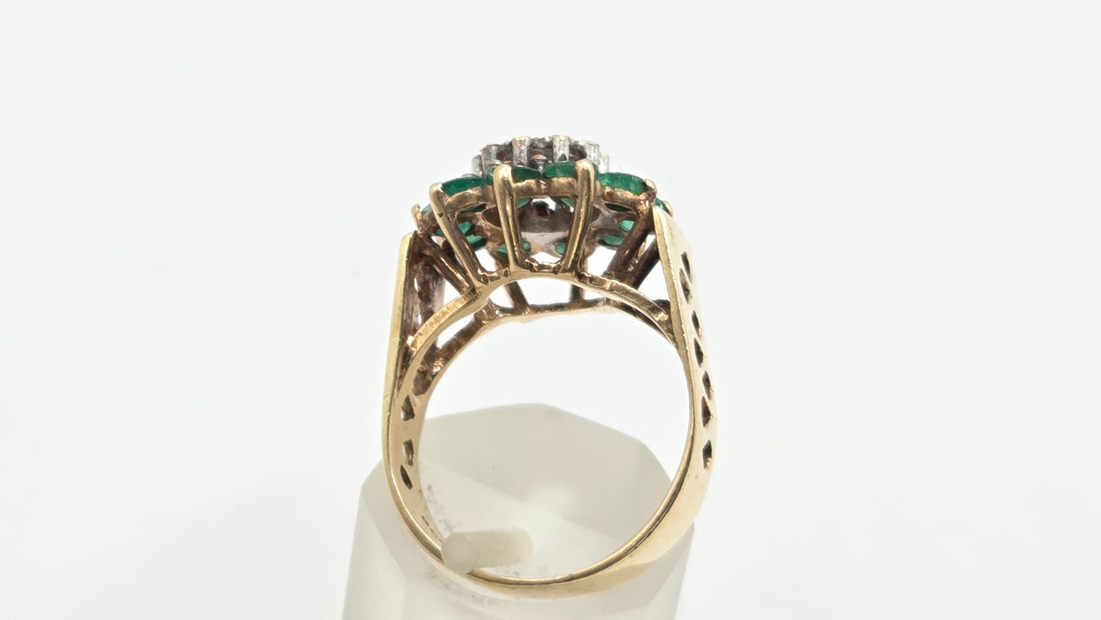 Vintage: 9ct Yellow Gold Emerald & Diamond Floral Cluster Ring — From 1987
