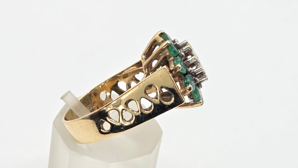 Vintage: 9ct Yellow Gold Emerald & Diamond Floral Cluster Ring — From 1987