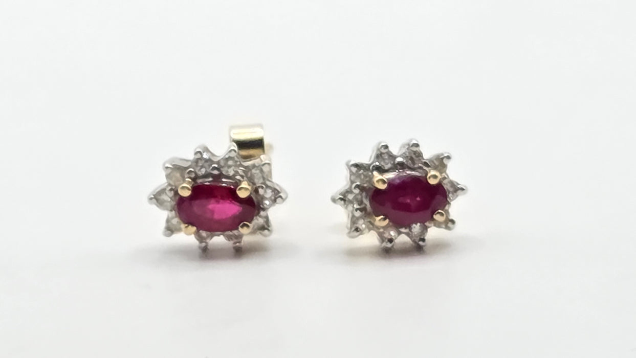Vintage: 18ct Yellow Gold Ruby & Diamond Oval Cluster Stud Earrings — From 1995