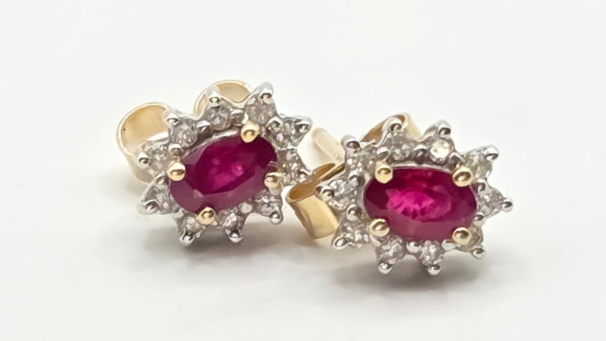 Vintage: 18ct Yellow Gold Ruby & Diamond Oval Cluster Stud Earrings — From 1995