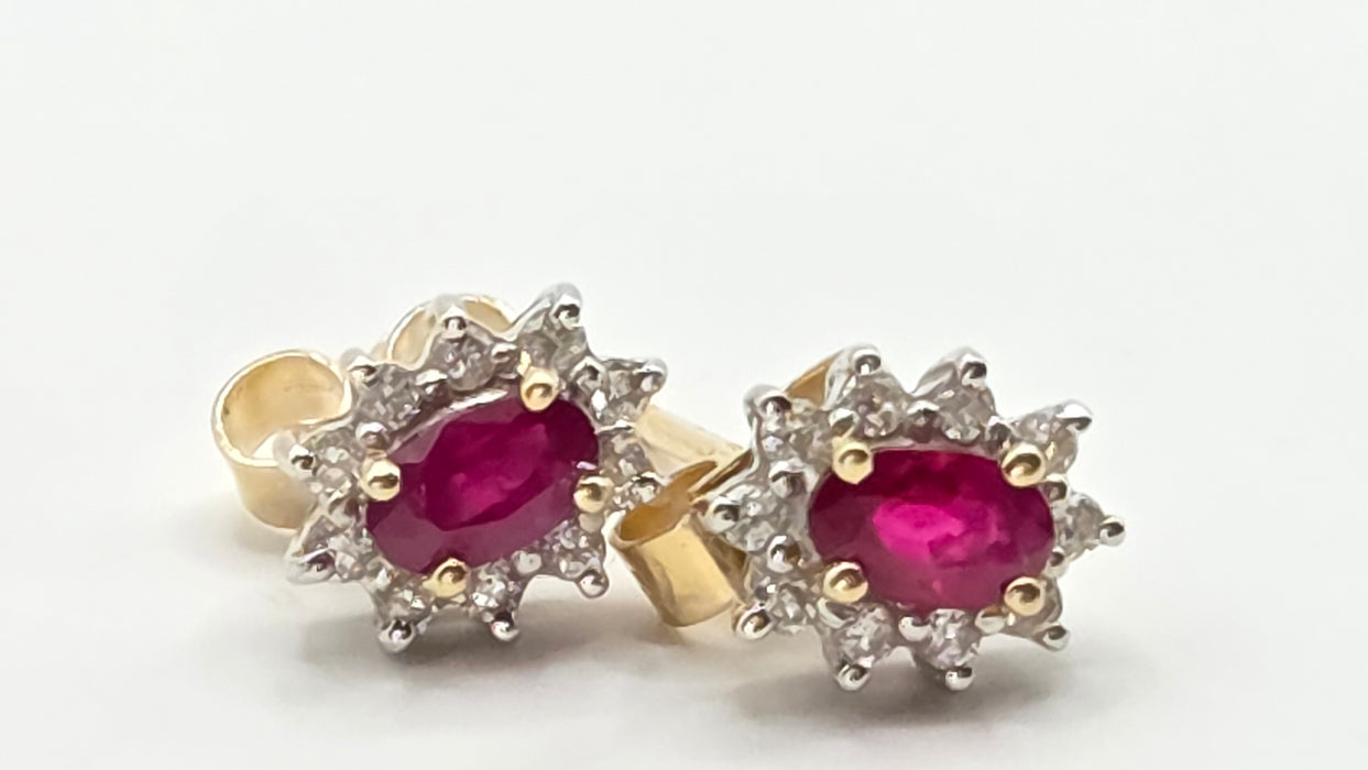 Vintage: 18ct Yellow Gold Ruby & Diamond Oval Cluster Stud Earrings — From 1995