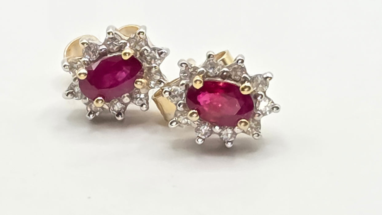 Vintage: 18ct Yellow Gold Ruby & Diamond Oval Cluster Stud Earrings — From 1995