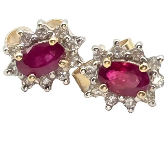 Vintage: 18ct Yellow Gold Ruby & Diamond Oval Cluster Stud Earrings — From 1995