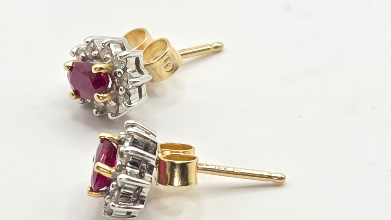 Vintage: 18ct Yellow Gold Ruby & Diamond Oval Cluster Stud Earrings — From 1995
