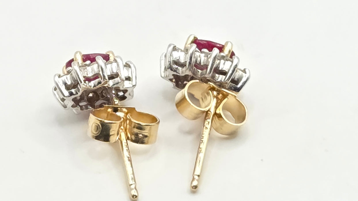 Vintage: 18ct Yellow Gold Ruby & Diamond Oval Cluster Stud Earrings — From 1995