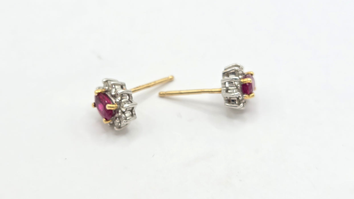 Vintage: 18ct Yellow Gold Ruby & Diamond Oval Cluster Stud Earrings — From 1995