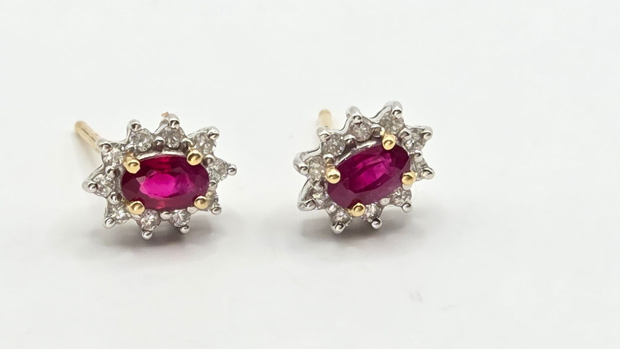 Vintage: 18ct Yellow Gold Ruby & Diamond Oval Cluster Stud Earrings — From 1995