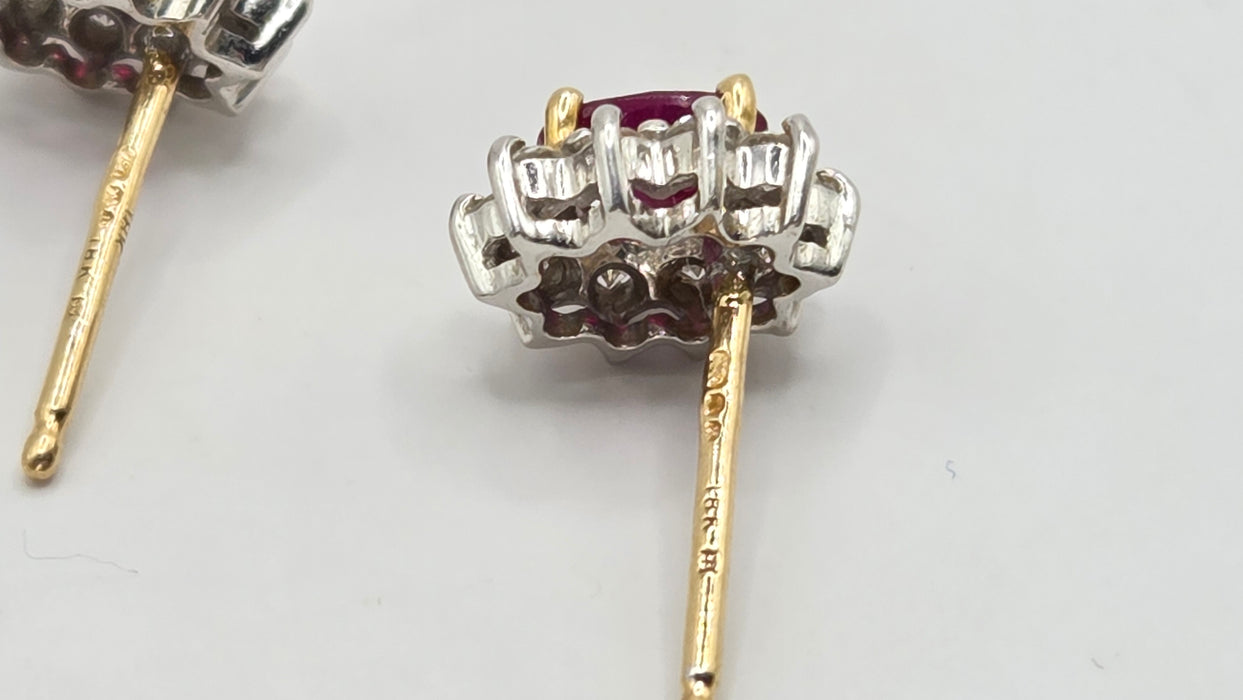 Vintage: 18ct Yellow Gold Ruby & Diamond Oval Cluster Stud Earrings — From 1995