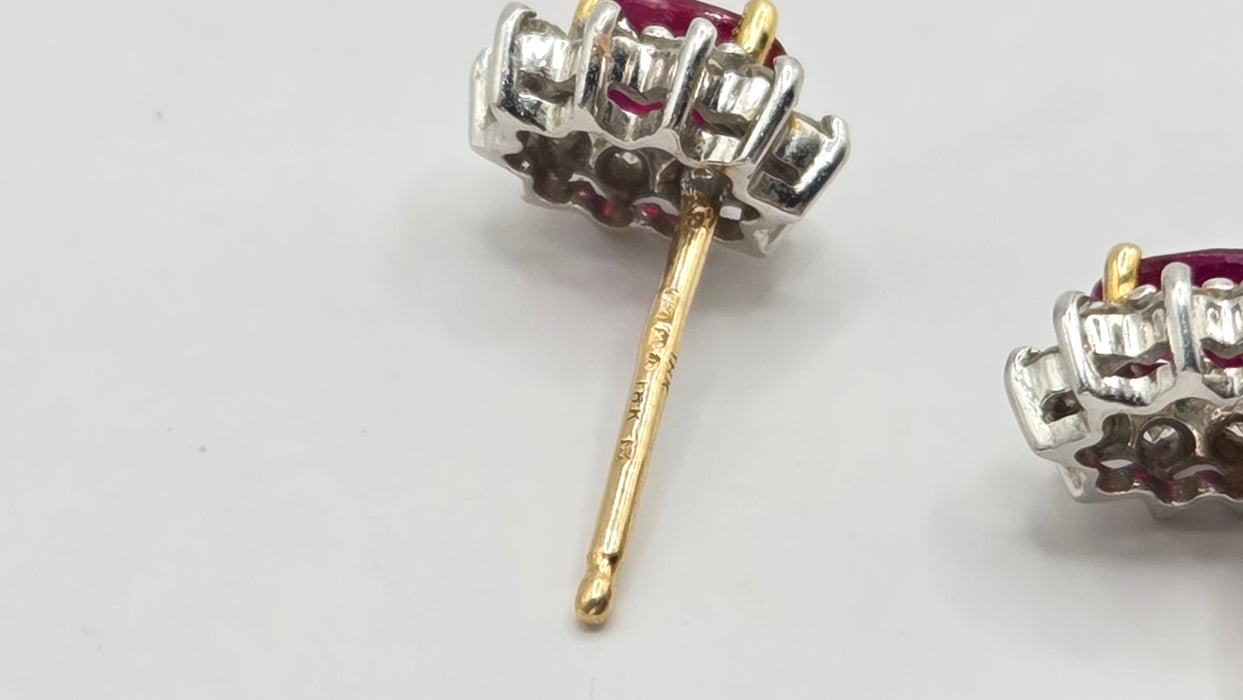 Vintage: 18ct Yellow Gold Ruby & Diamond Oval Cluster Stud Earrings — From 1995