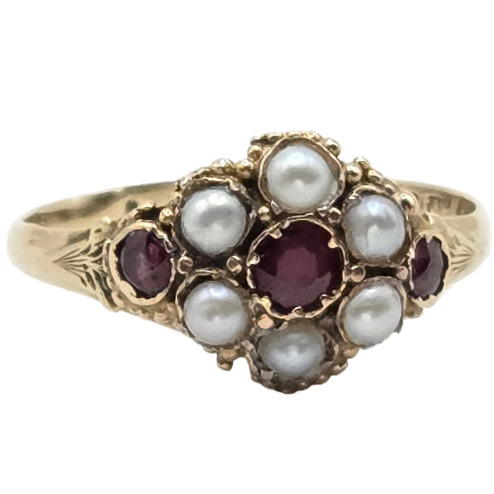 Antique: 12ct Yellow Gold Garnet & Seed Pearl Cluster Ring