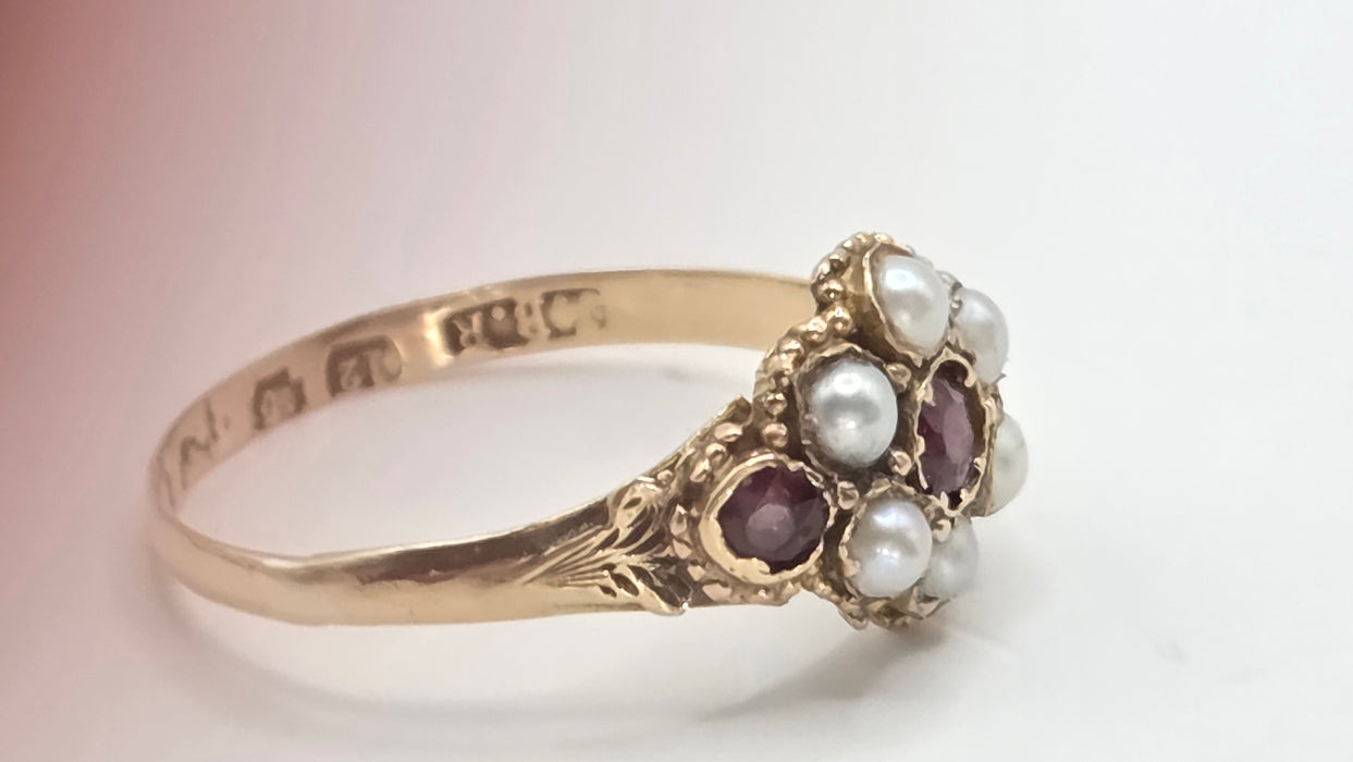 Antique: 12ct Yellow Gold Garnet & Seed Pearl Cluster Ring