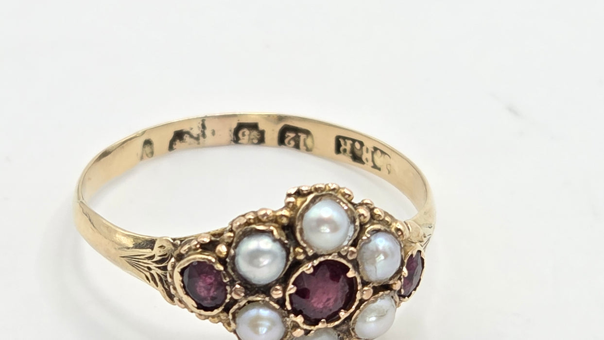 Antique: 12ct Yellow Gold Garnet & Seed Pearl Cluster Ring