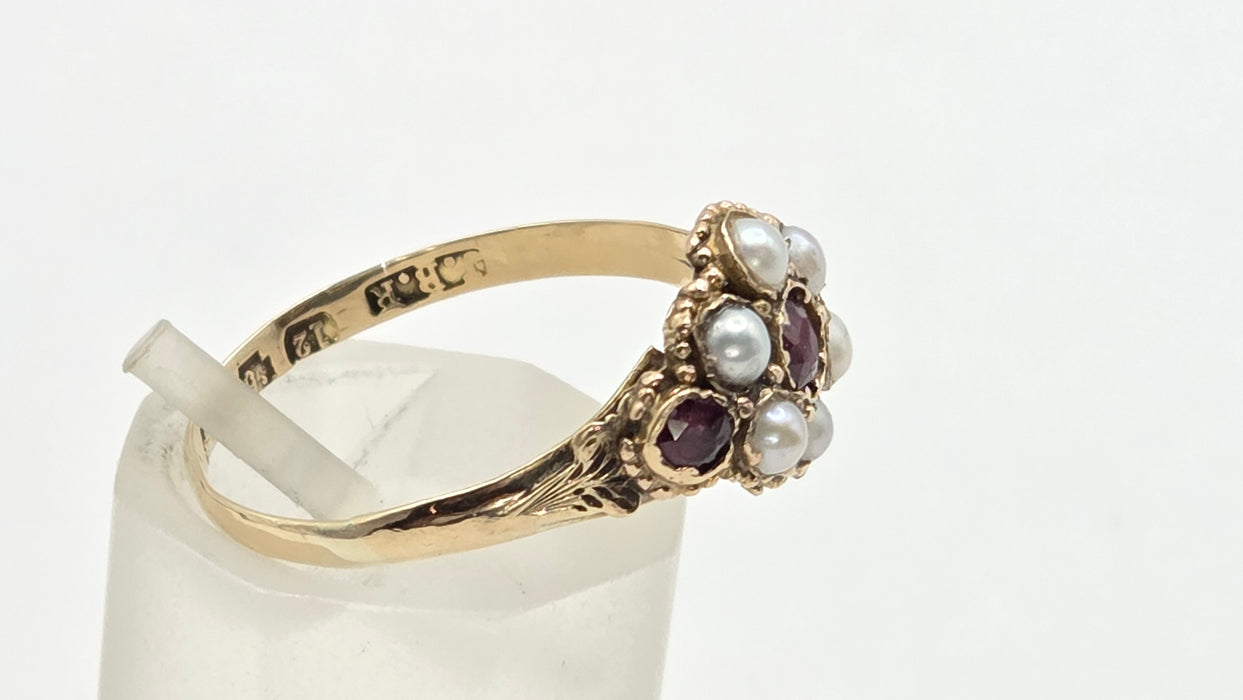Antique: 12ct Yellow Gold Garnet & Seed Pearl Cluster Ring