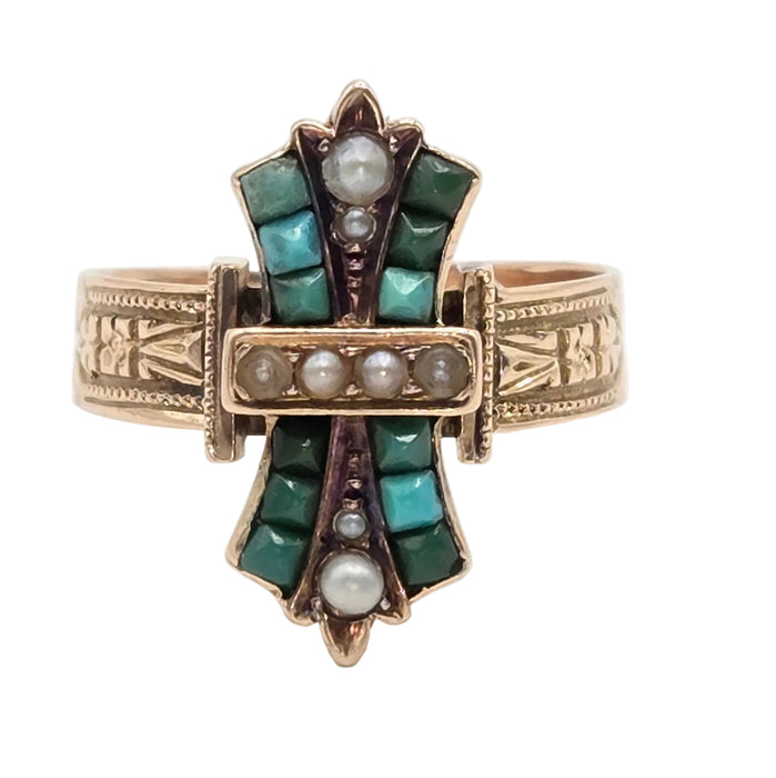 Antique: Victorian 9ct Yellow Gold Turquoise & Seed Pearl Cross Ring