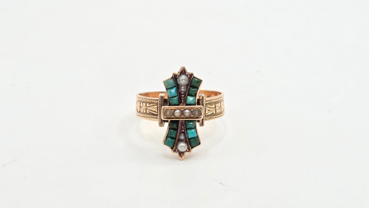 Antique: Victorian 9ct Yellow Gold Turquoise & Seed Pearl Cross Ring