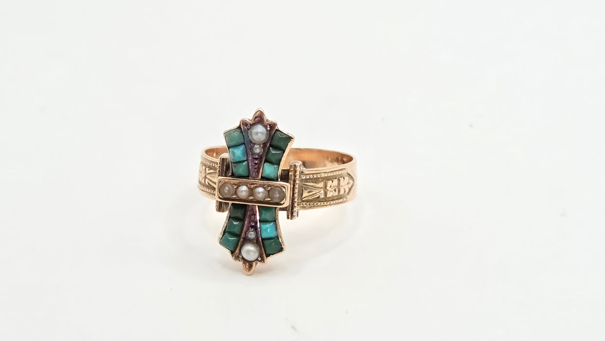 Antique: Victorian 9ct Yellow Gold Turquoise & Seed Pearl Cross Ring
