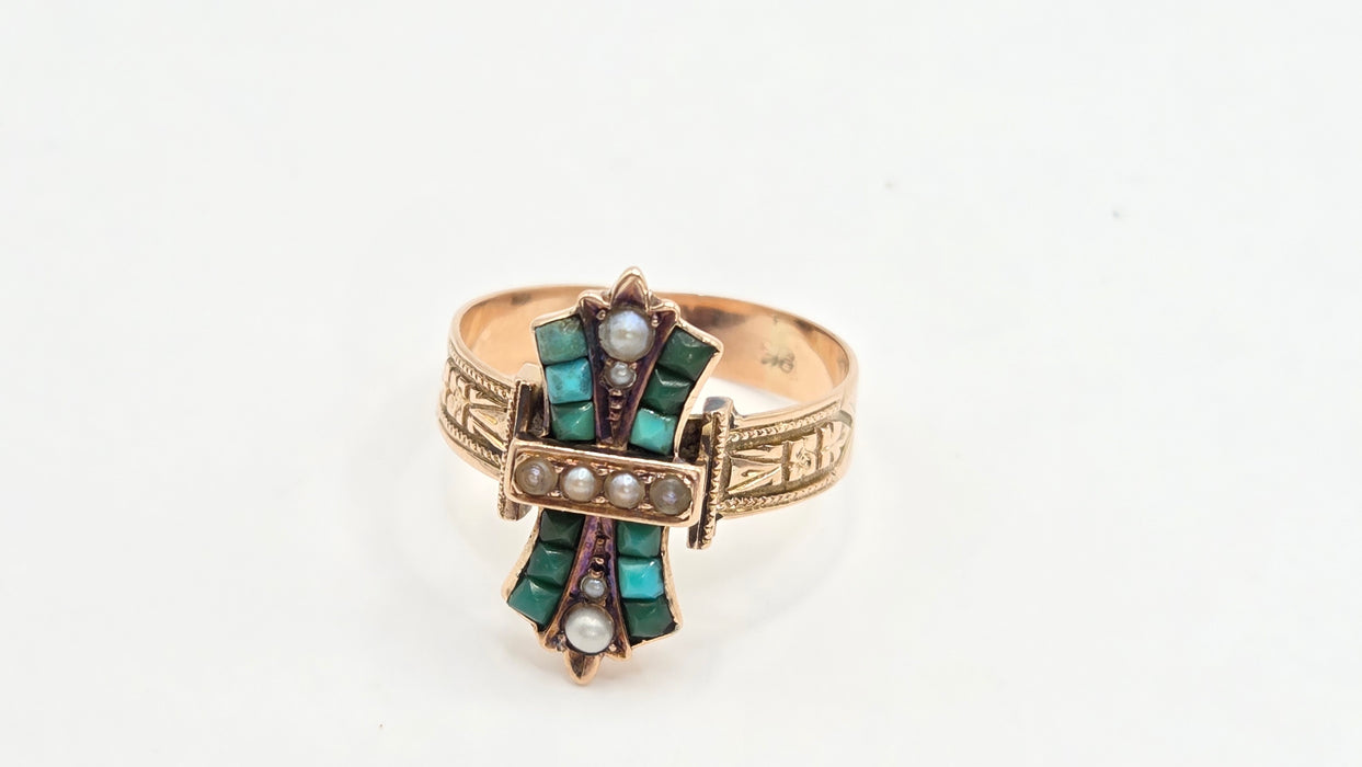 Antique: Victorian 9ct Yellow Gold Turquoise & Seed Pearl Cross Ring