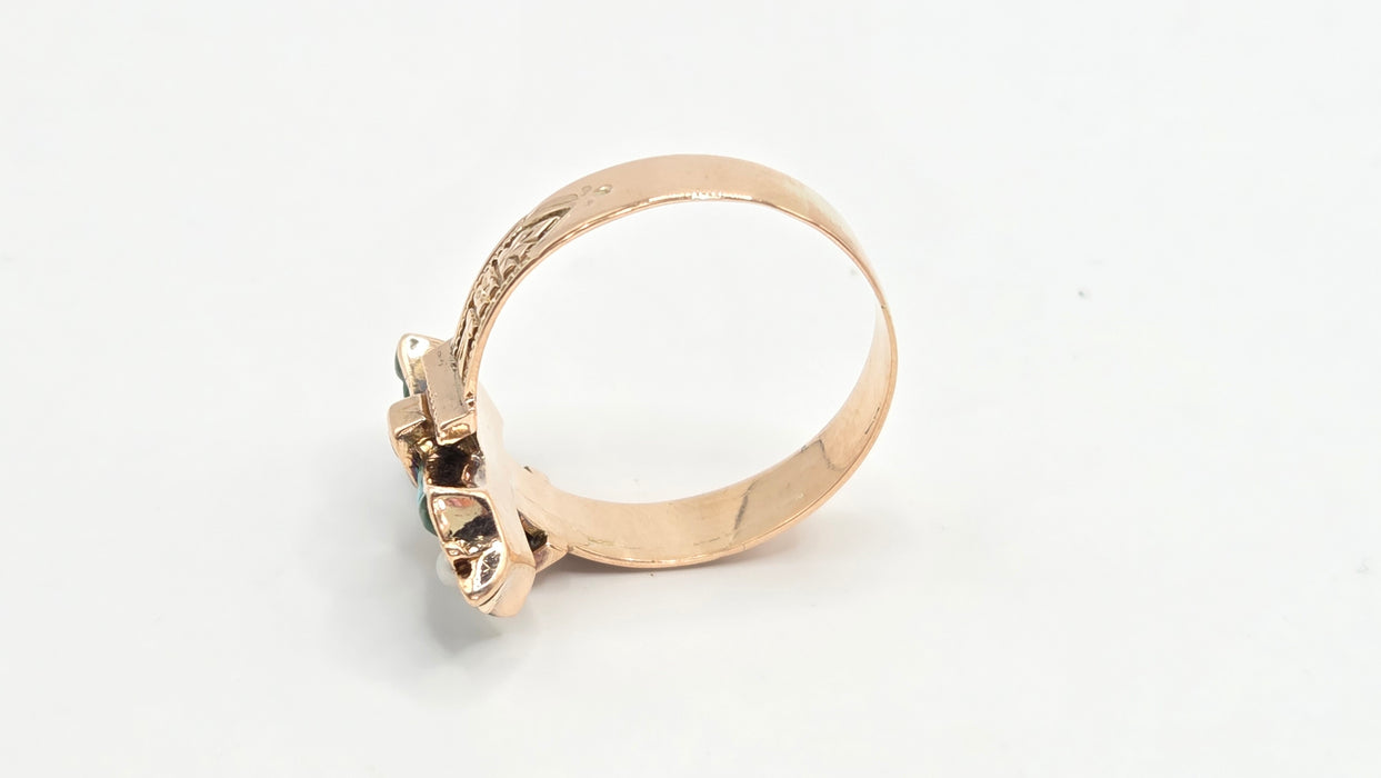 Antique: Victorian 9ct Yellow Gold Turquoise & Seed Pearl Cross Ring