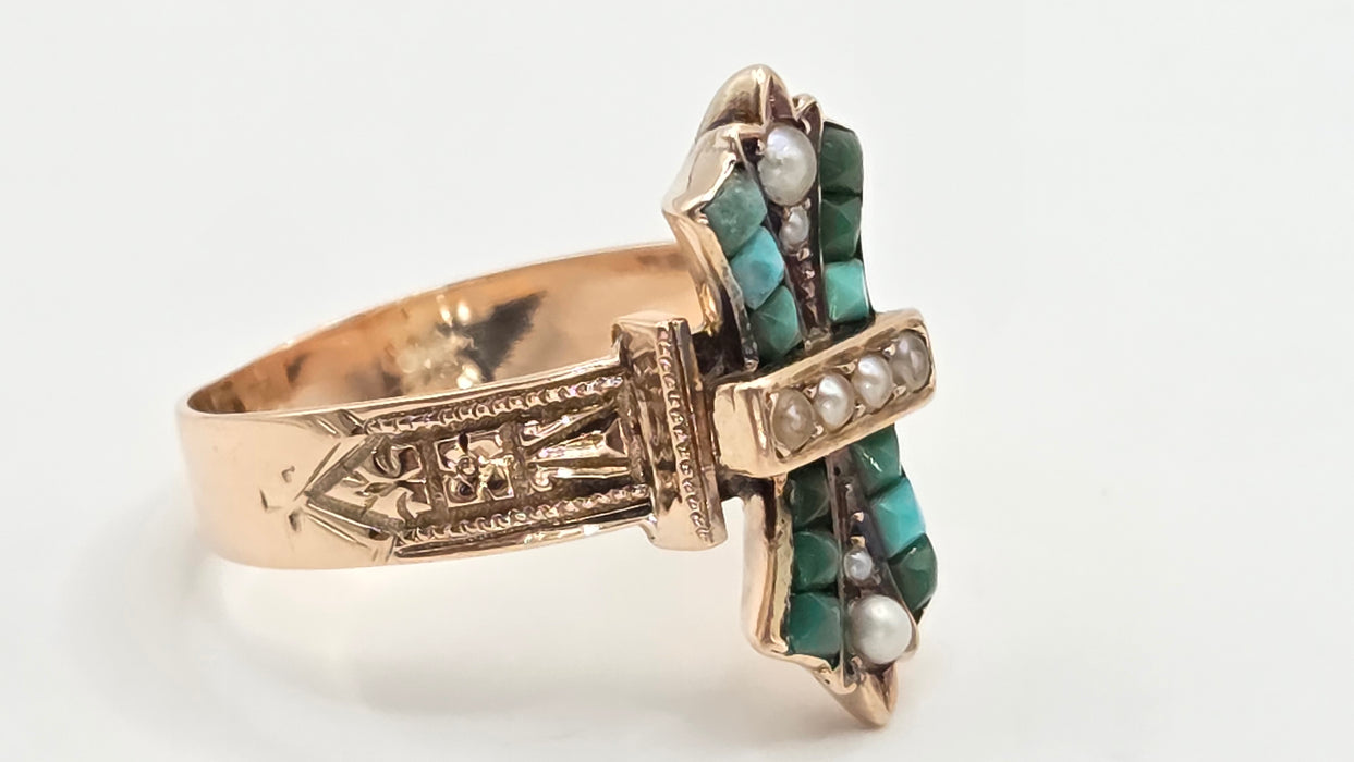 Antique: Victorian 9ct Yellow Gold Turquoise & Seed Pearl Cross Ring