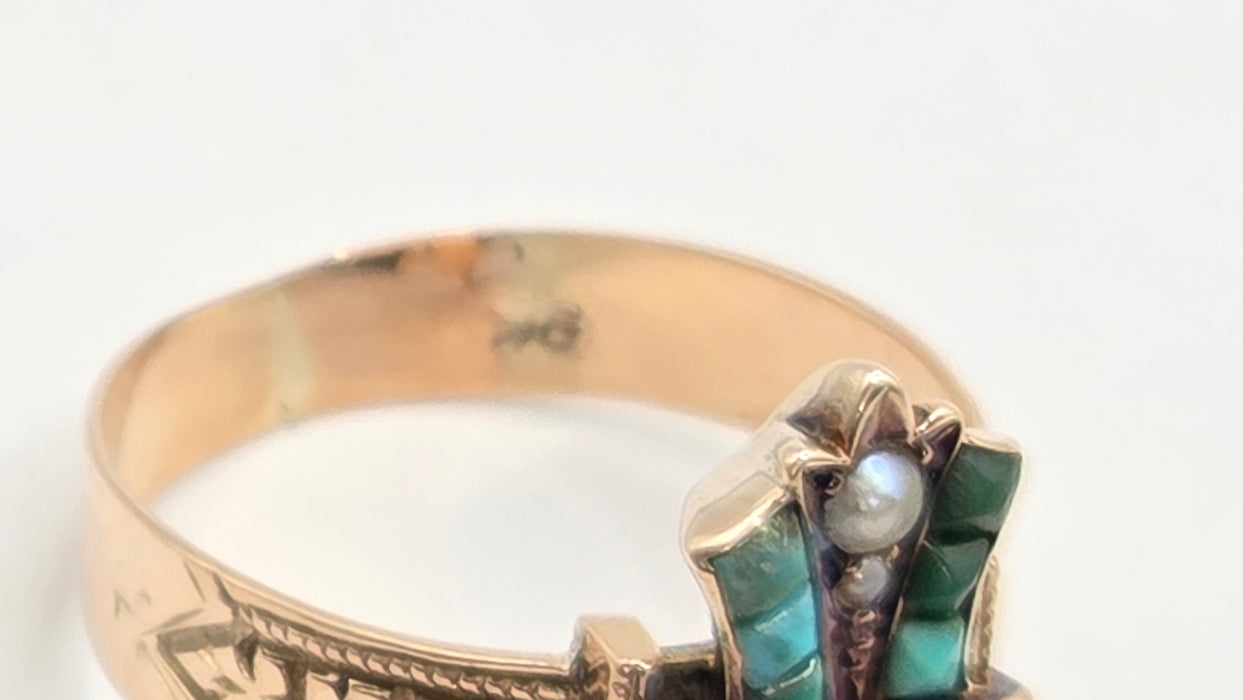 Antique: Victorian 9ct Yellow Gold Turquoise & Seed Pearl Cross Ring