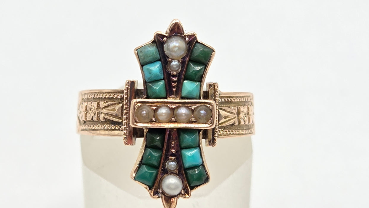 Antique: Victorian 9ct Yellow Gold Turquoise & Seed Pearl Cross Ring
